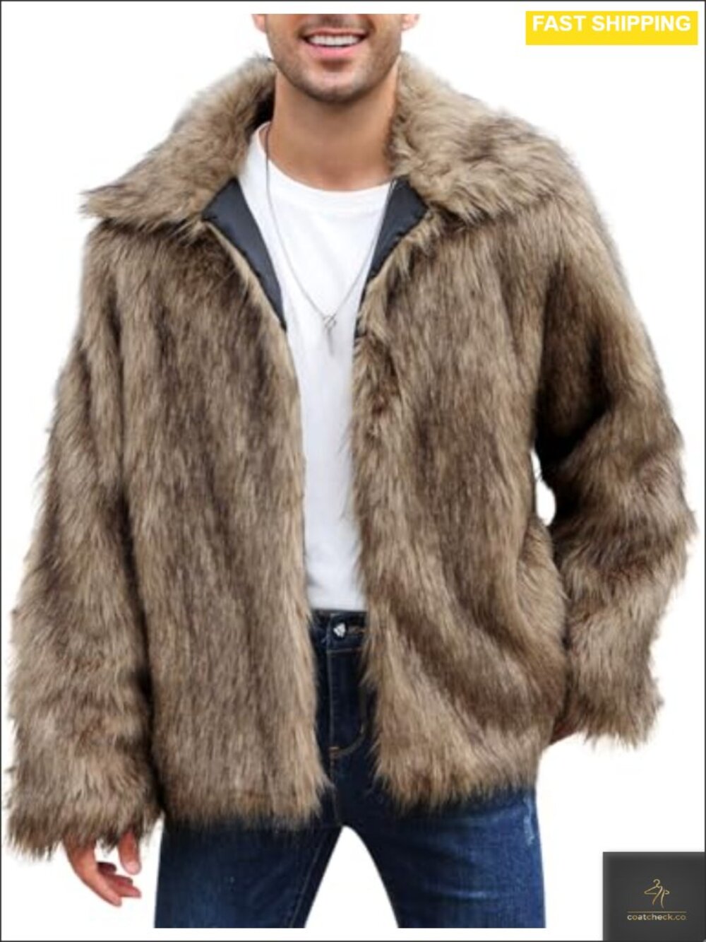 Men's Faux Fur Coat Winter Warm Fur Jacket Shawl Collar Button Down Outerwear
